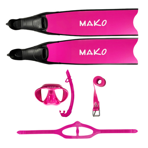 Bright pink MAKO Lady Freediver Pro fiberglass package laid flat showing two fins, mask, snorkel, and head strap