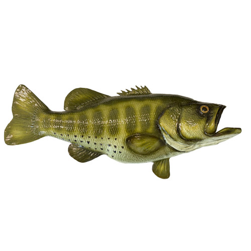 Largemouth bass fiberglass mount, 22 inch, olive-green with spotted pattern, side profile view against white background