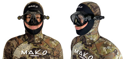 MAKO mask light mount bracket shown front and side view on camouflage wetsuit, black mask with adjustable straps