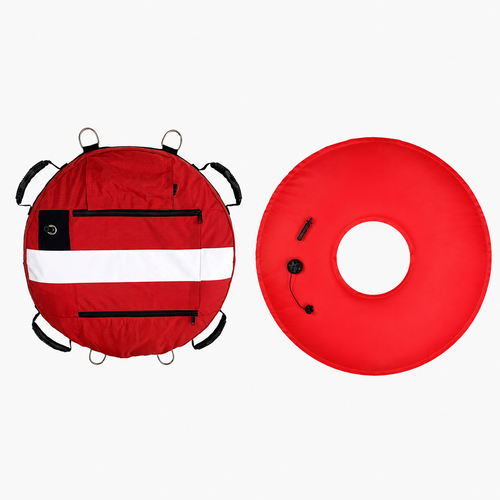Red MAKO Freedive Float Replacement Bladder shown front and back views with handles and attachment points