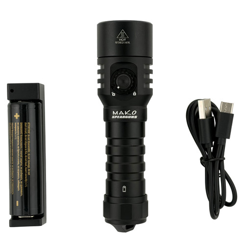 Black MAKO 3,200 lumen max dive light with battery, charging cable, and tactical grip shown from front angle