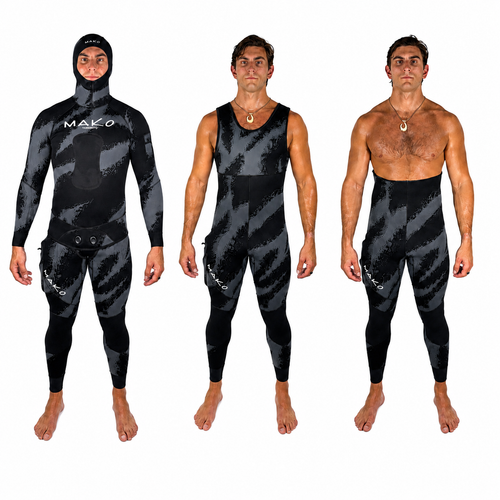 Men's Yamamoto Black Ops 2 Piece Open Cell Wetsuit shown in three wearing styles: hooded full suit, sleeveless vest, shirtless bottoms