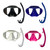 Four Minimus Freedive Masks displayed in black, blue, white, and pink with matching snorkels shown separately