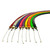 MAKO Primeline custom speargun bands in rainbow colors arranged in fan formation, showing red, pink, blue, yellow, orange, and green latex tubing with metal connectors