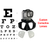 Freedive mask with black frame and GoPro mount, displayed with optional clear corrective lens inserts and eye chart