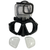 Black freedive mask with GoPro mount on top, shown with two clear corrective lens inserts below against white background