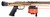 MAKO Pro Series horizontal speargun reel in orange with wooden stock and black grip, side view