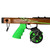 Bright green AR15 speargun grip mounted on wooden speargun barrel with black reel and line, side view