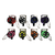 Eight colorful long line clip tuna clips arranged in two rows, featuring red, black, blue, purple, pink, yellow, orange, and green designs with metal carabiners