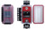 Compact red and pink digital spearfishing scale with waterproof cases, shown open and closed with black mounting brackets