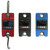 Digital spearfishing scales in red, black, and blue with hanging hooks and LCD displays