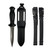 Black MAKO Kona spearfishing kill knife with titanium blade, sheath, and two leg straps displayed against white background
