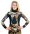 Woman wearing brown and tan reef camo 2-piece open cell wetsuit with black panels, front view