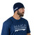 Man wearing dark navy MAKO skull fit knitted beanie with white logo, shown in side profile with navy t-shirt