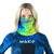 Blonde woman wearing bright neon yellow-green and blue MAKO neck gaiter tube scarf pulled up over nose and mouth, front view