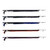 Five Titan Elite Spearguns displayed vertically in black, black, blue, red, and purple finishes with roller muzzles and open track guides
