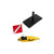 Black inflatable float flag holder with red and white dive flag attached, shown from above with yellow buoy and mounting base