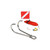 Stainless steel reef hook with curved design and ring attachment, displayed with red and white dive flag and buoy