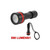 Black underwater photo/video light with red accents and wrist strap, shown front and side view, 890 lumens brightness