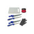 Complete Fish Fillet Kit with blue-handled knives, cutting board, knife sharpener, and black gloves displayed on white background