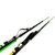 Two black pole spears with green and yellow accents displayed at angles, showing the resting hook attachment point on each shaft