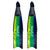 Pair of yellow-green and blue gradient MAKO freedive fins with black foot pockets, shown from front view