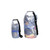 Two transparent waterproof dry bags with black straps in small and large sizes, filled with colorful gear