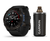 Black Garmin Descent MK3 dive watch with digital display next to cylindrical black wireless transmitter