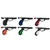 Six Spartan Elite Spearguns with aluminum barrels in black, blue, red, orange, green, and gray grips arranged in two rows
