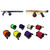 MAKO Speargun Reel Vertical Pro Series with two spearguns and eight colored reels in green, blue, white, red, orange, yellow, purple, and magenta