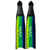 Pair of black-top Mako Pro Fiberglass Freedive Fins in Mahi Series with vibrant yellow-to-blue gradient and speckled pattern