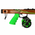 MAKO 2.0 Version AR15 speargun with bright green handle grip and black mechanical reel, mounted on wooden barrel, angled side view