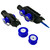 Black and blue Ermes and MAKO roller muzzles with interchangeable blue wheels, displayed in various angles with spare spares
