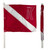 Red and white diagonal MAKO boat dive flag with removable stiffener pole and gray grip handle