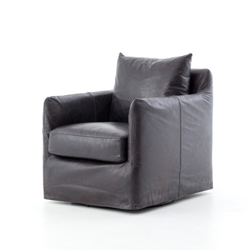 Bank Swivel Chair - Black Leather