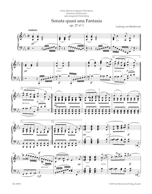Sonata quasi una Fantasia for Pianoforte in E-flat major 27/1 / Sonata quasi una Fantasia for Pianoforte in C-sharp minor 27/1 "Moonlight Sonata" [Bar:BA10853]