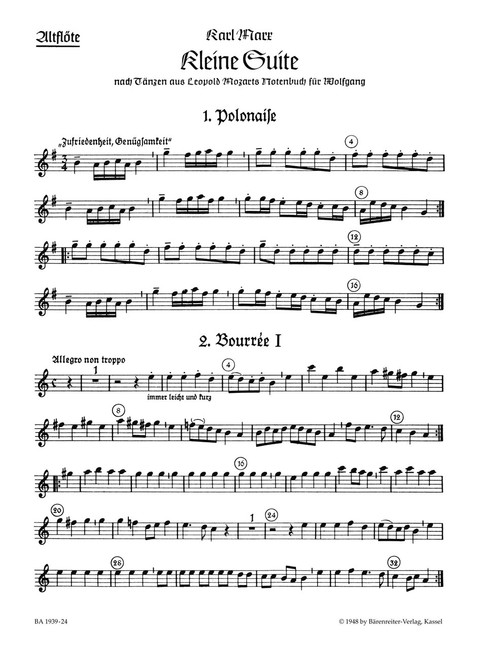 Kleine Suite nach Tänzen aus Leopold Mozarts Notenbuch für Wolfgang für Blockflötenquartett, Streichquartett oder andere Instrumente [Bar:BA1939-24]