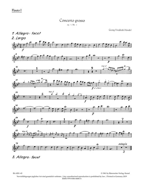 Concerto grosso in B-flat major op. 3/1 HWV 312 [Bar:BA4201-65]