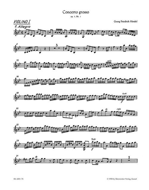 Concerto grosso in B-flat major op. 3/1 HWV 312 [Bar:BA4201-74]