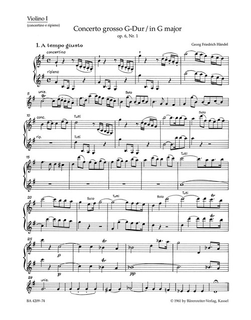 Concerto grosso in G major op. 6/1 HWV 319 [Bar:BA4209-74]