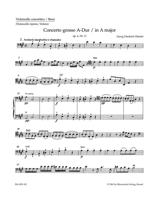 Concerto grosso in A major op. 6/11 HWV 329 [Bar:BA4219-82]