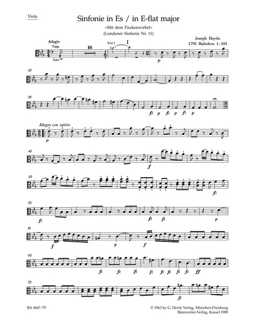 Londoner Sinfonie no. 11 Es-Dur Hob. I:103 "Mit dem Paukenwirbel" [Bar:BA4667-79]