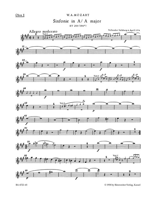 Symphony no. 29 in A major K. 201(186a) [Bar:BA4722-65]