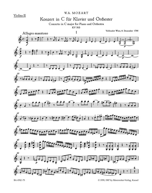 Concerto for Piano and Orchestra no. 25 in C major K. 503 [Bar:BA4742-75]