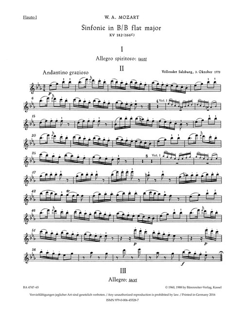 Symphony no. 24 in B-flat major K. 182 (173dA) [Bar:BA4747-65]
