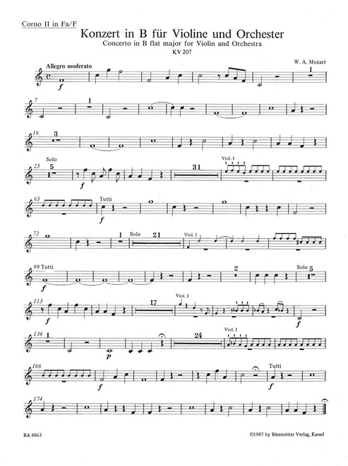 Concerto for Violin and Orchestra no. 1 in B-flat major K. 207 [Bar:BA4863-55]