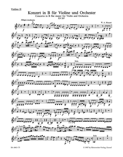 Concerto for Violin and Orchestra no. 1 in B-flat major K. 207 [Bar:BA4863-75]