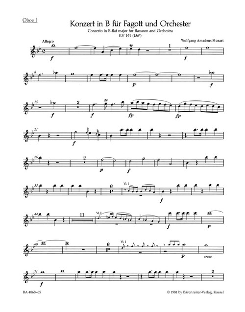 Concerto for Bassoon and Orchestra in B-flat major K. 191(186e) [Bar:BA4868-65]