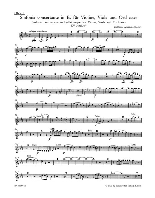 Sinfonia concertante for Violin, Viola and Orchestra in E-flat major K. 364 (320d) [Bar:BA4900-65]