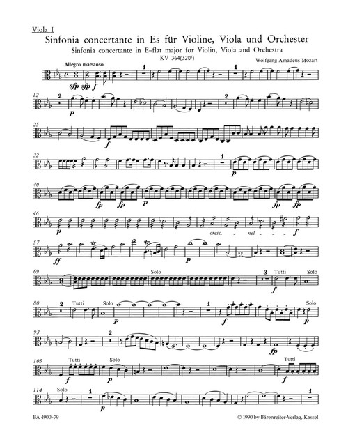 Sinfonia concertante for Violin, Viola and Orchestra in E-flat major K. 364 (320d) [Bar:BA4900-79]